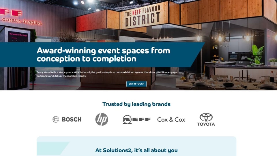 Home page of Solutions2 new website showcasing exhibition design, innovation and sustainability